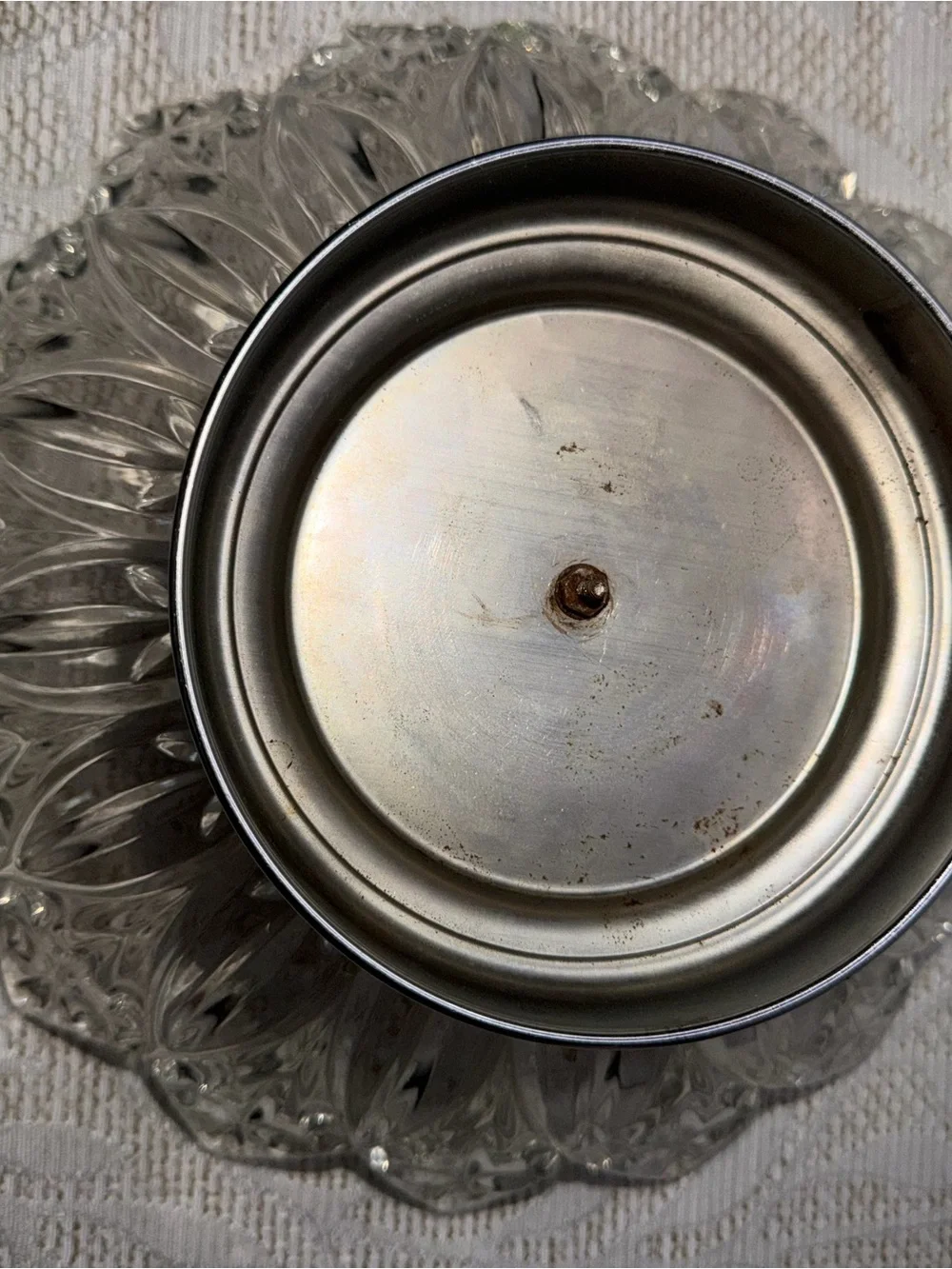 vintage Mid-Century Modern glass nutcracker bowl with metal picks